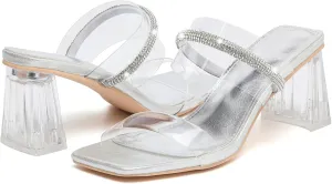 DADAWEN Women's Square Toe Clear Two Strap Open Toe Low Block Chunky Slip on Heels Sandals for Women Dressy