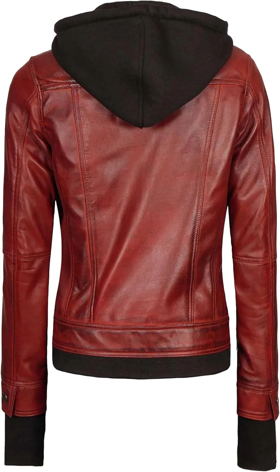 Decrum Hooded Leather Jacket Women - Real Lambskin Womens Leather Jacket with Removable Hood