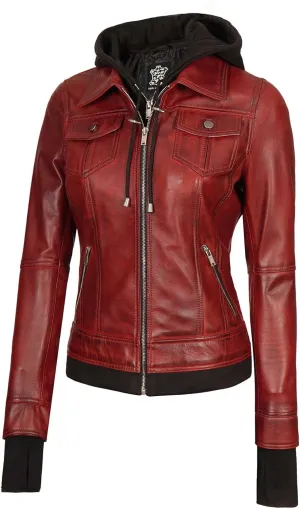 Decrum Hooded Leather Jacket Women - Real Lambskin Womens Leather Jacket with Removable Hood