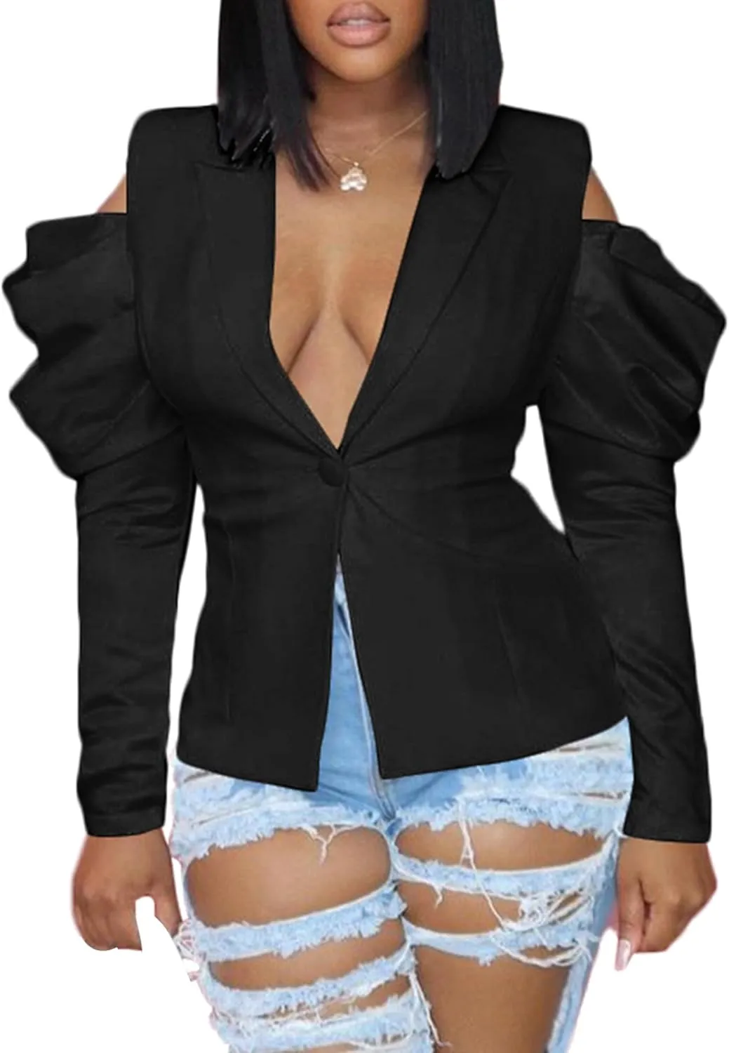 DINGANG Women's Casual Blazers Open Front Puff Sleeve Work Office Jackets Blazer