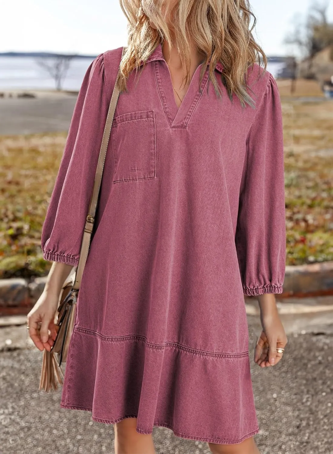 Dokotoo Denim Dress for Women Summer Casual Babydoll 2025 V Neck 3/4 Puff Sleeve Jean Dresses