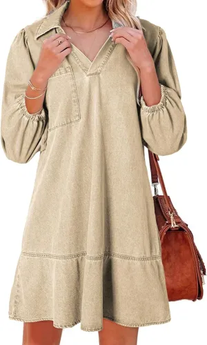 Dokotoo Denim Dress for Women Summer Casual Babydoll 2025 V Neck 3/4 Puff Sleeve Jean Dresses