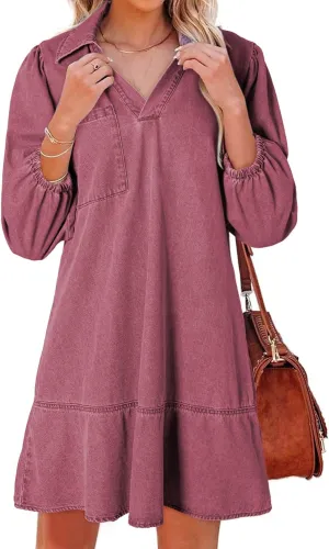Dokotoo Denim Dress for Women Summer Casual Babydoll 2025 V Neck 3/4 Puff Sleeve Jean Dresses