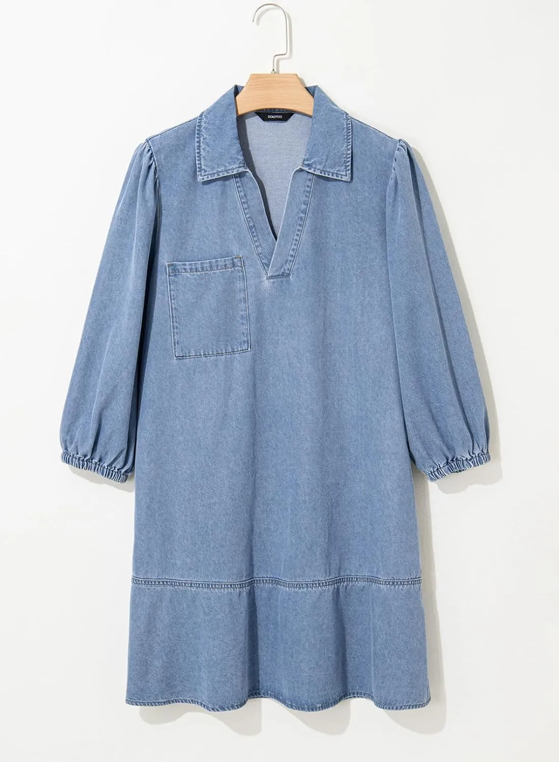 Dokotoo Denim Dress for Women Summer Casual Babydoll 2025 V Neck 3/4 Puff Sleeve Jean Dresses