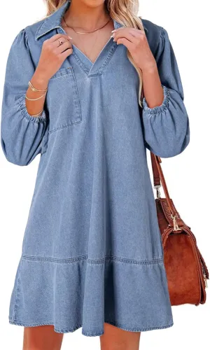 Dokotoo Denim Dress for Women Summer Casual Babydoll 2025 V Neck 3/4 Puff Sleeve Jean Dresses