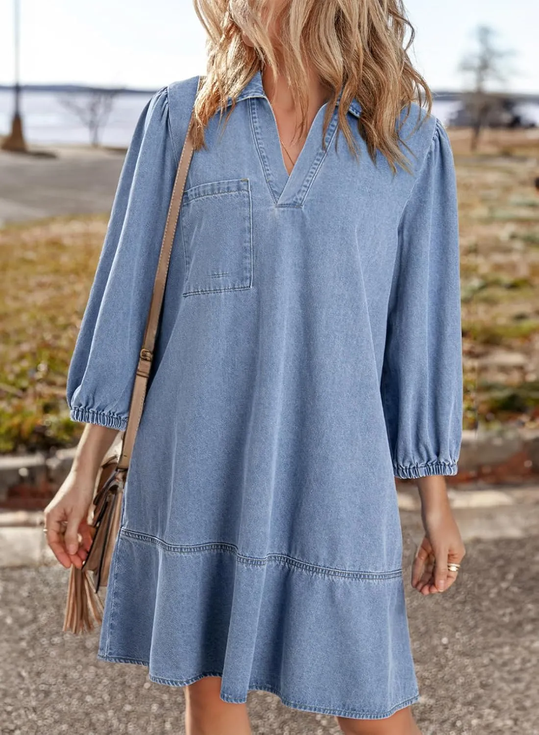 Dokotoo Denim Dress for Women Summer Casual Babydoll 2025 V Neck 3/4 Puff Sleeve Jean Dresses