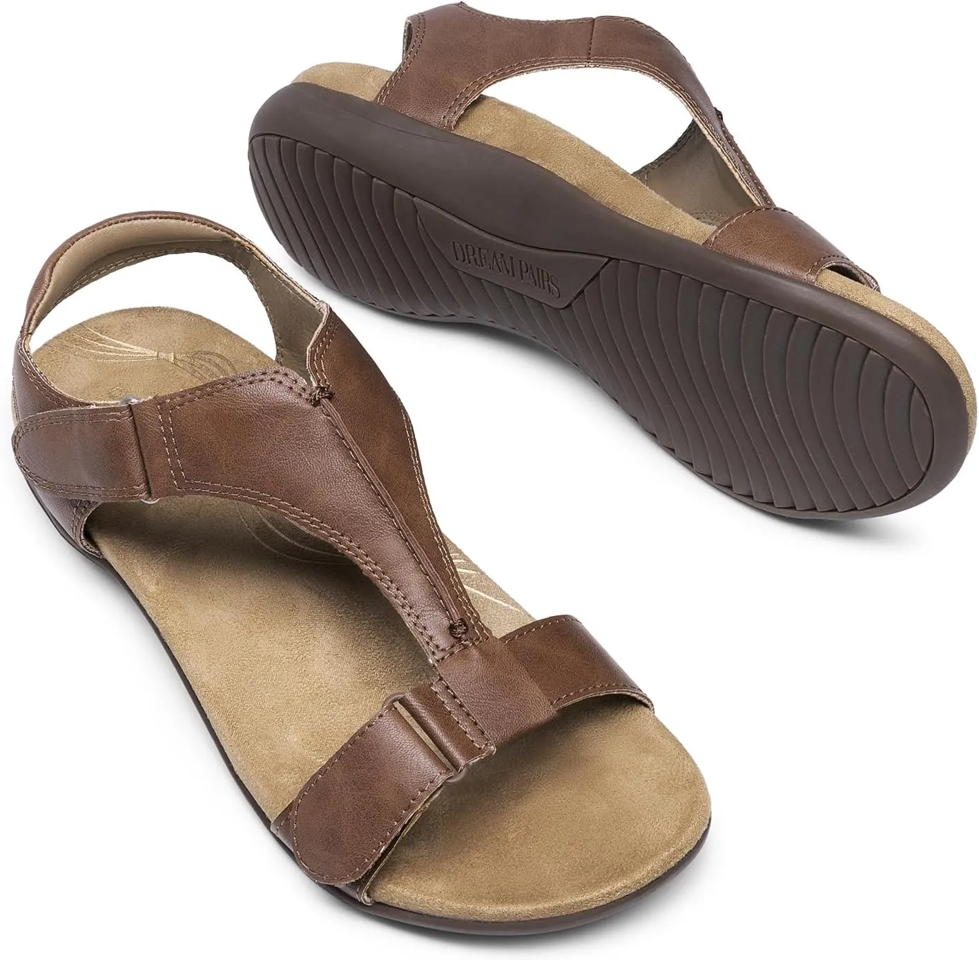 DREAM PAIRS Womens Sandals Arch Support T-Strap Orthopedic Flat Sandals Comfortable Summer Shoes