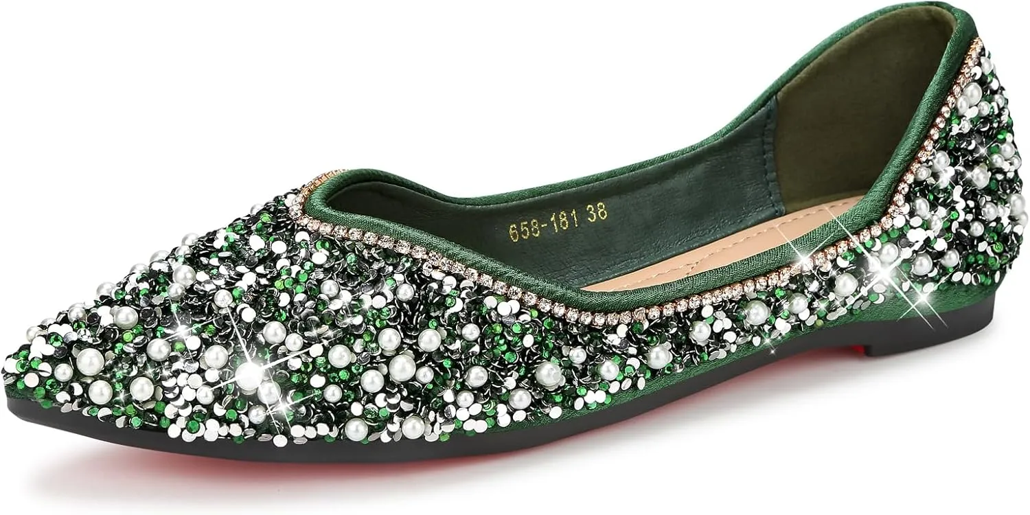 Dressy Flats Shoes for Women Comfortable Wedding Flats Rhinestone Fancy Ballet Flats Pointy Toe Flats