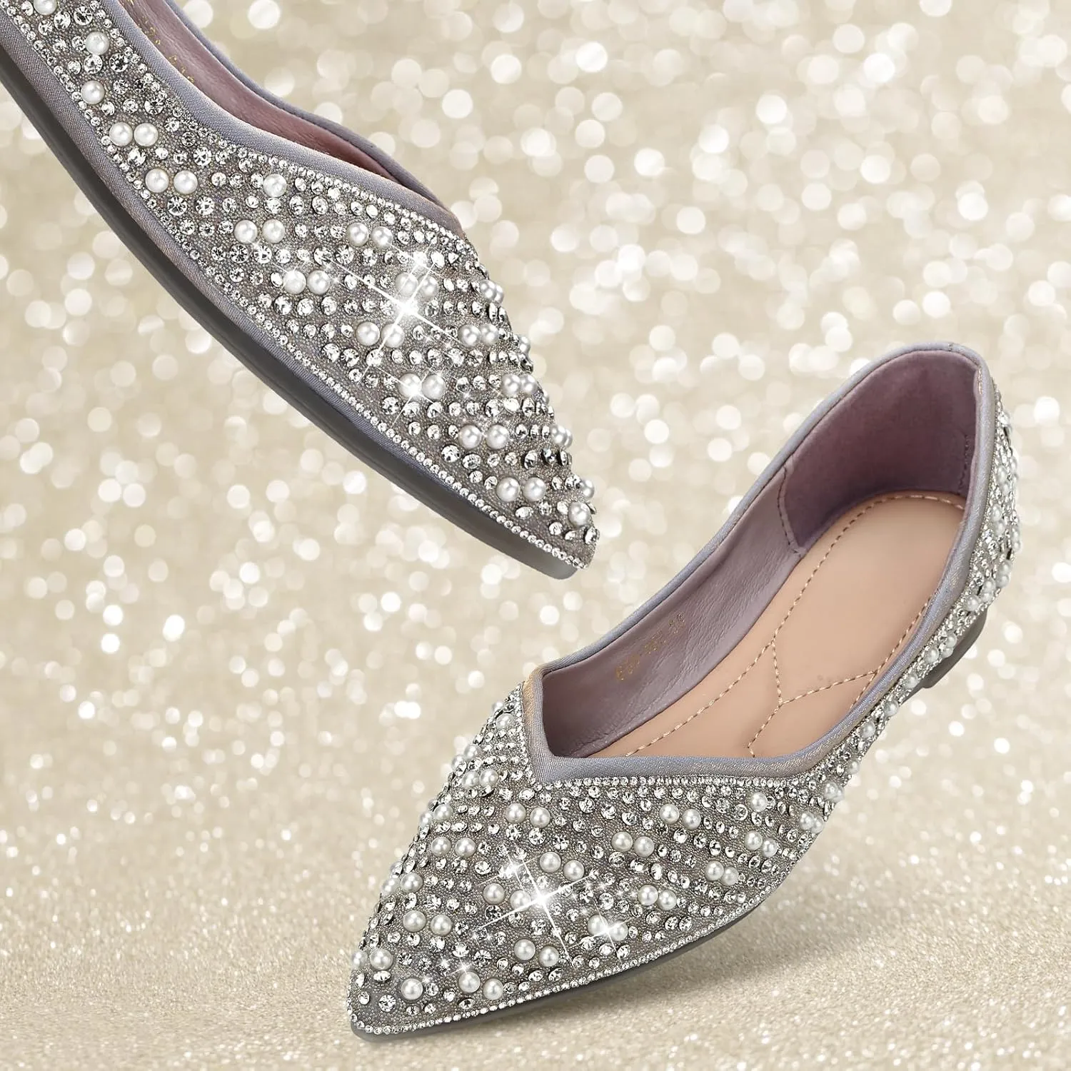 Dressy Flats Shoes for Women Comfortable Wedding Flats Rhinestone Fancy Ballet Flats Pointy Toe Flats
