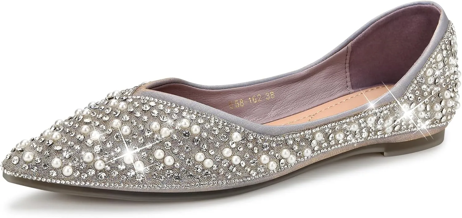 Dressy Flats Shoes for Women Comfortable Wedding Flats Rhinestone Fancy Ballet Flats Pointy Toe Flats