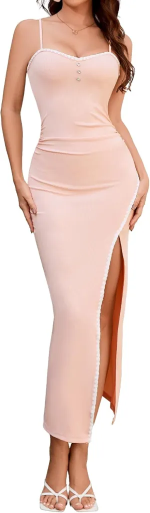 Dressystar Womens Spaghetti Strap Bodycon Formal Maxi Dress 2025 Summer Ribbed Sleeveless High Slit Embroidery Long Dresses
