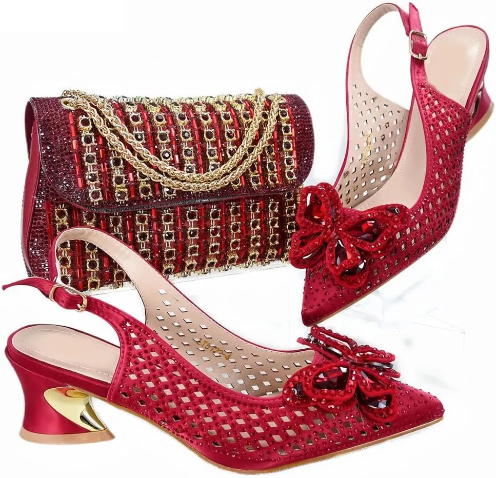 Durable Slingback Block Heel Sandals and Shiny Metallic Shoulder Bag Set for Ladies Cocktail Parties Travel