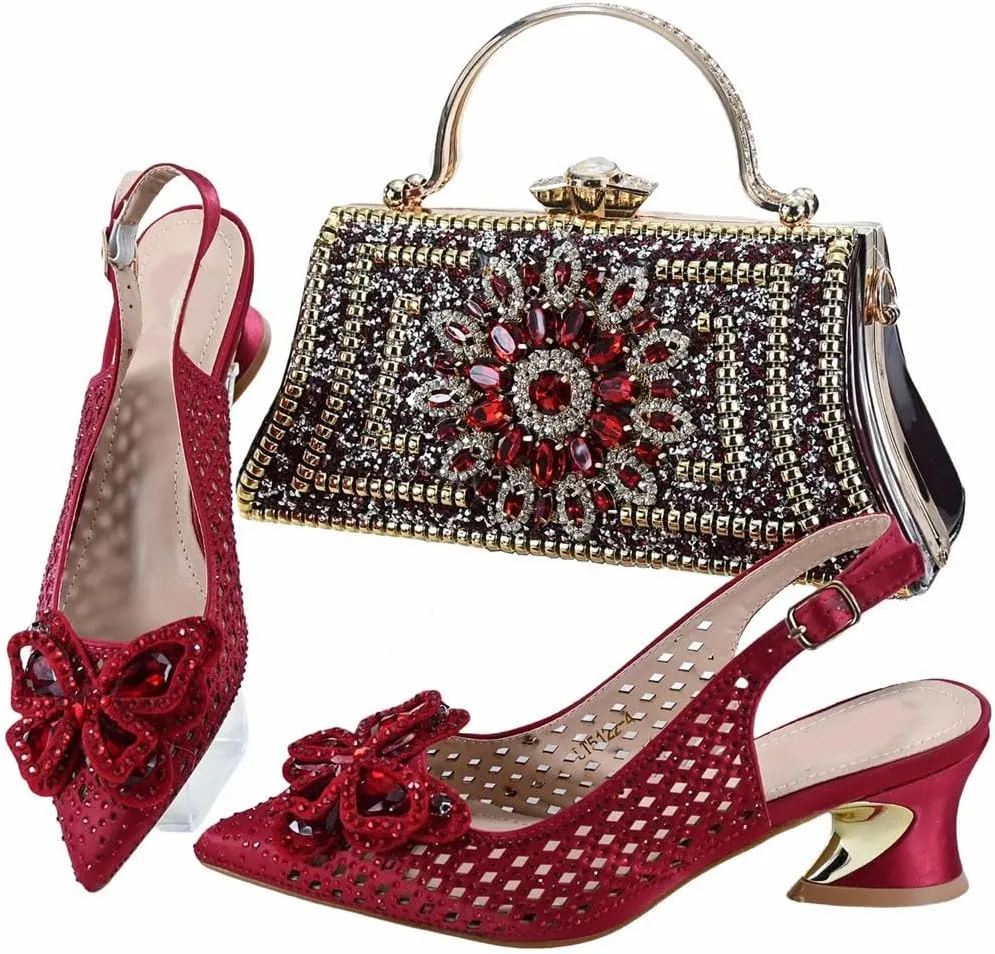 Durable Slingback Block Heel Sandals and Shiny Metallic Shoulder Bag Set for Ladies Cocktail Parties Travel