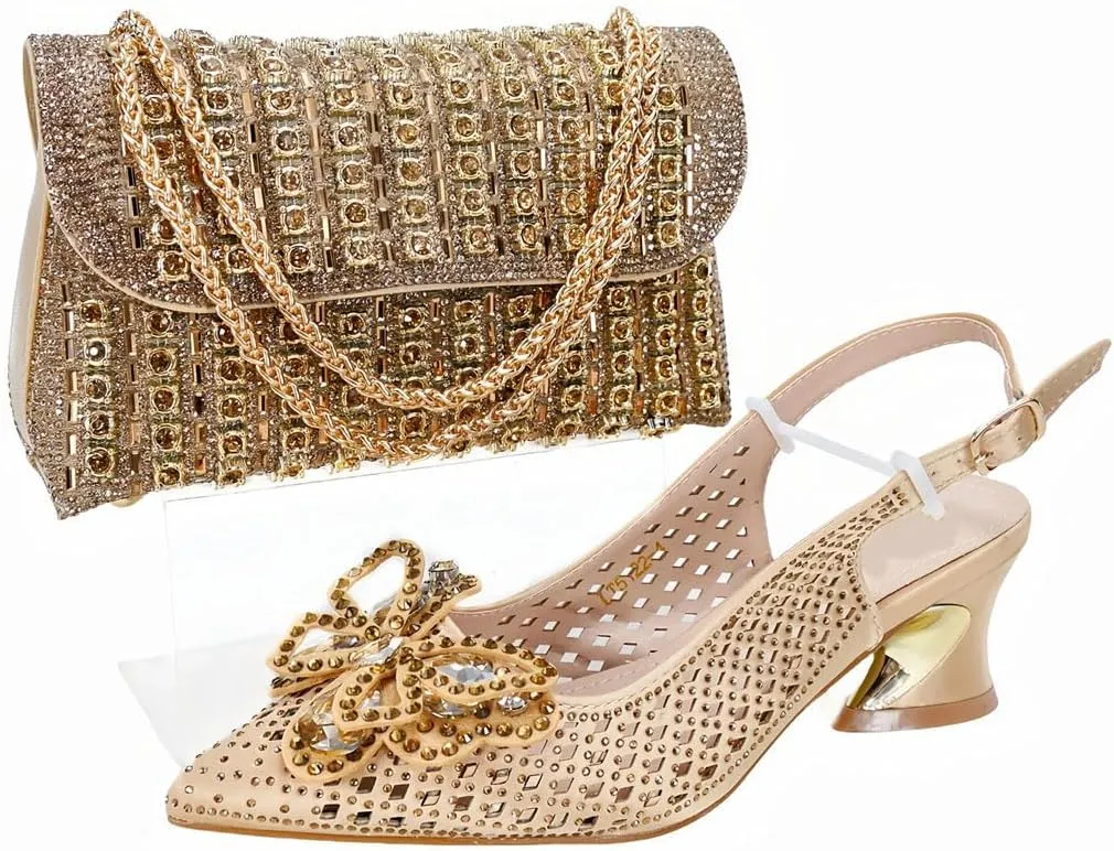 Durable Slingback Block Heel Sandals and Shiny Metallic Shoulder Bag Set for Ladies Cocktail Parties Travel