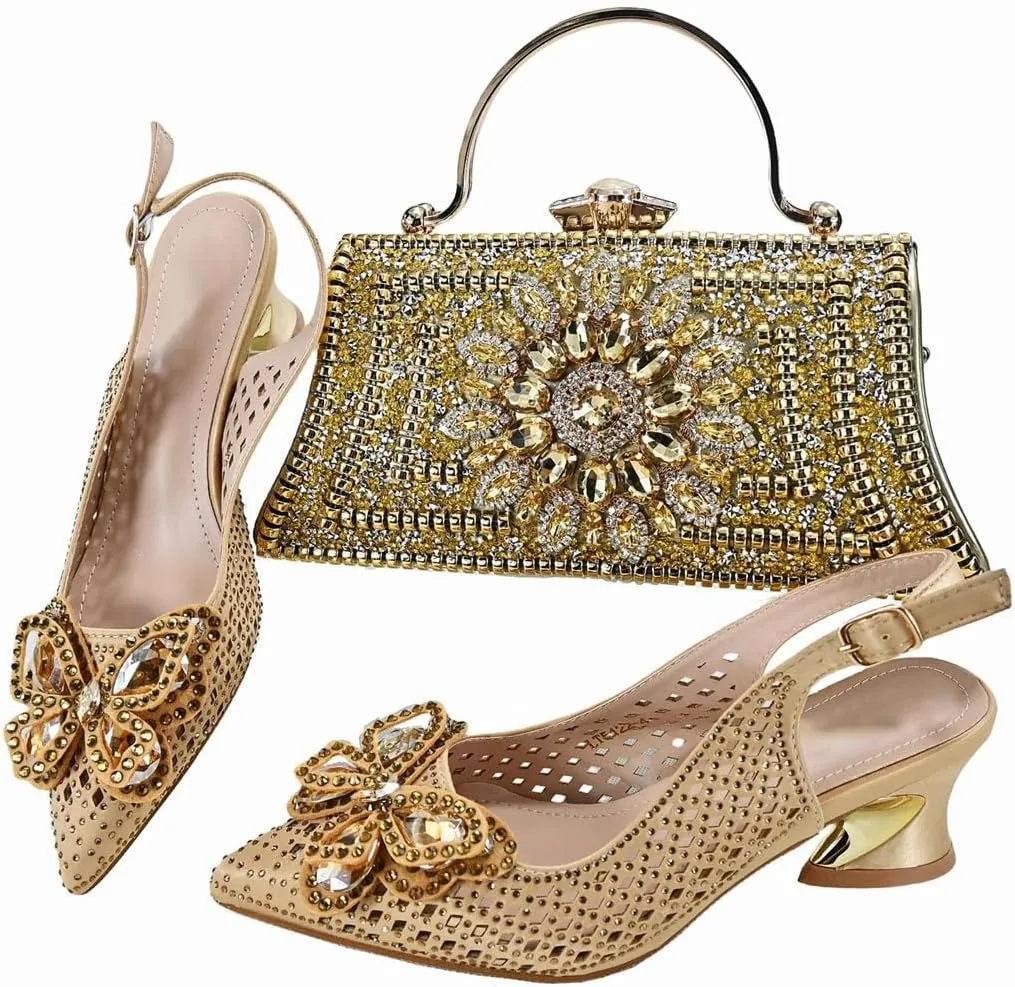 Durable Slingback Block Heel Sandals and Shiny Metallic Shoulder Bag Set for Ladies Cocktail Parties Travel