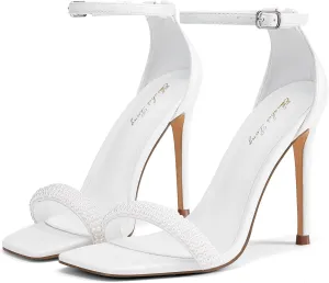 Elisabet Tang Women's Stiletto Heels Square Open Toe Ankle Strap High Heeled Sandals 4 Inch Comfort Sexy Dressy Shoes