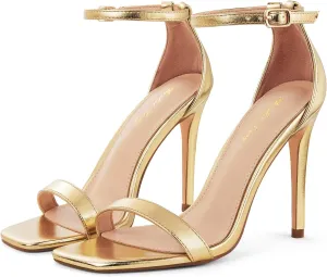 Elisabet Tang Women's Stiletto Heels Square Open Toe Ankle Strap High Heeled Sandals 4 Inch Comfort Sexy Dressy Shoes