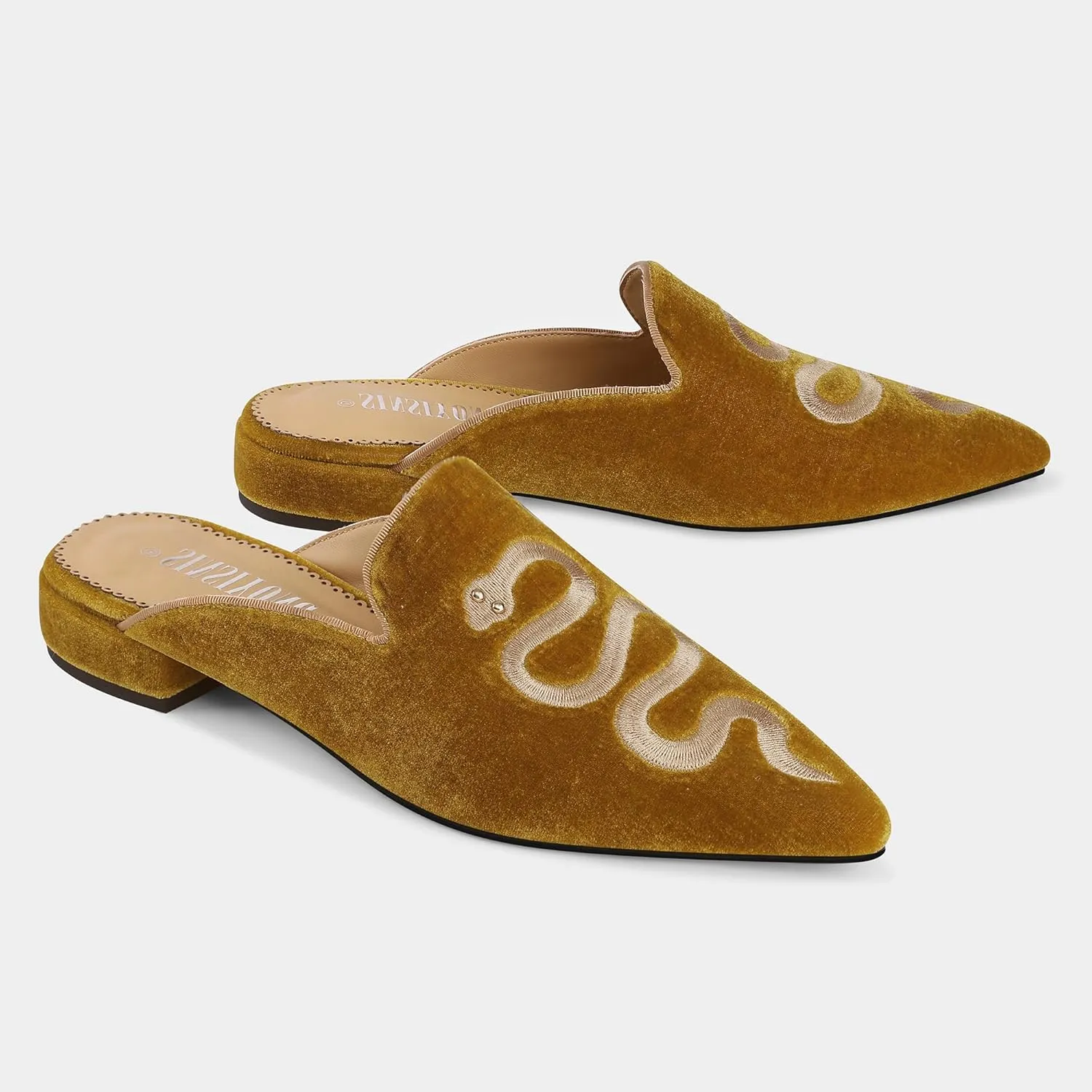 Embroidered Mules for Women Pointed Toe Backless Velvet Flats with Snake Pattern