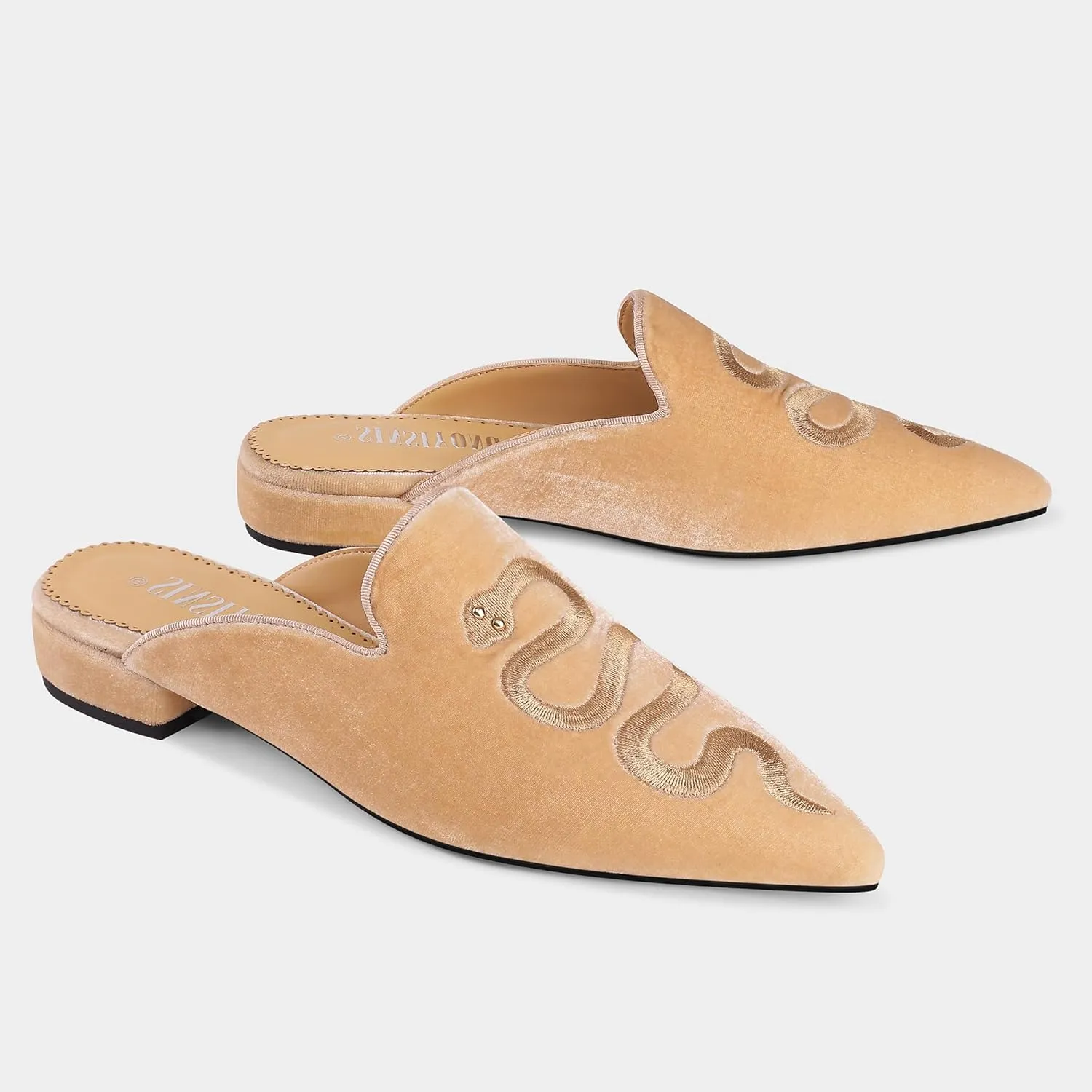 Embroidered Mules for Women Pointed Toe Backless Velvet Flats with Snake Pattern