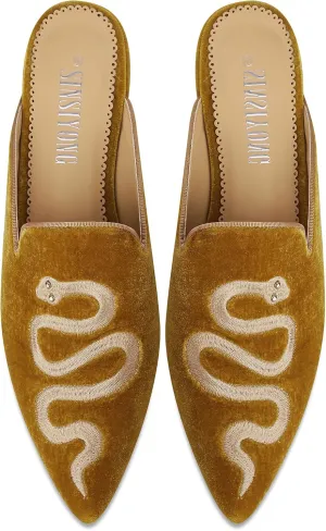 Embroidered Mules for Women Pointed Toe Backless Velvet Flats with Snake Pattern
