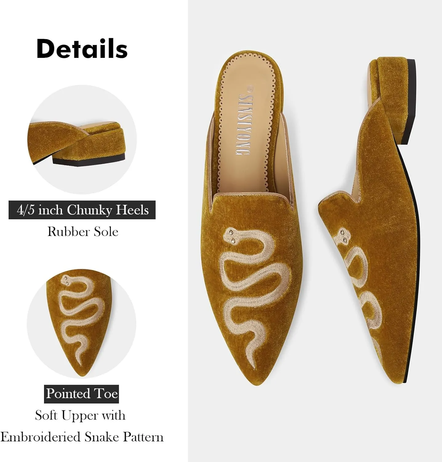 Embroidered Mules for Women Pointed Toe Backless Velvet Flats with Snake Pattern