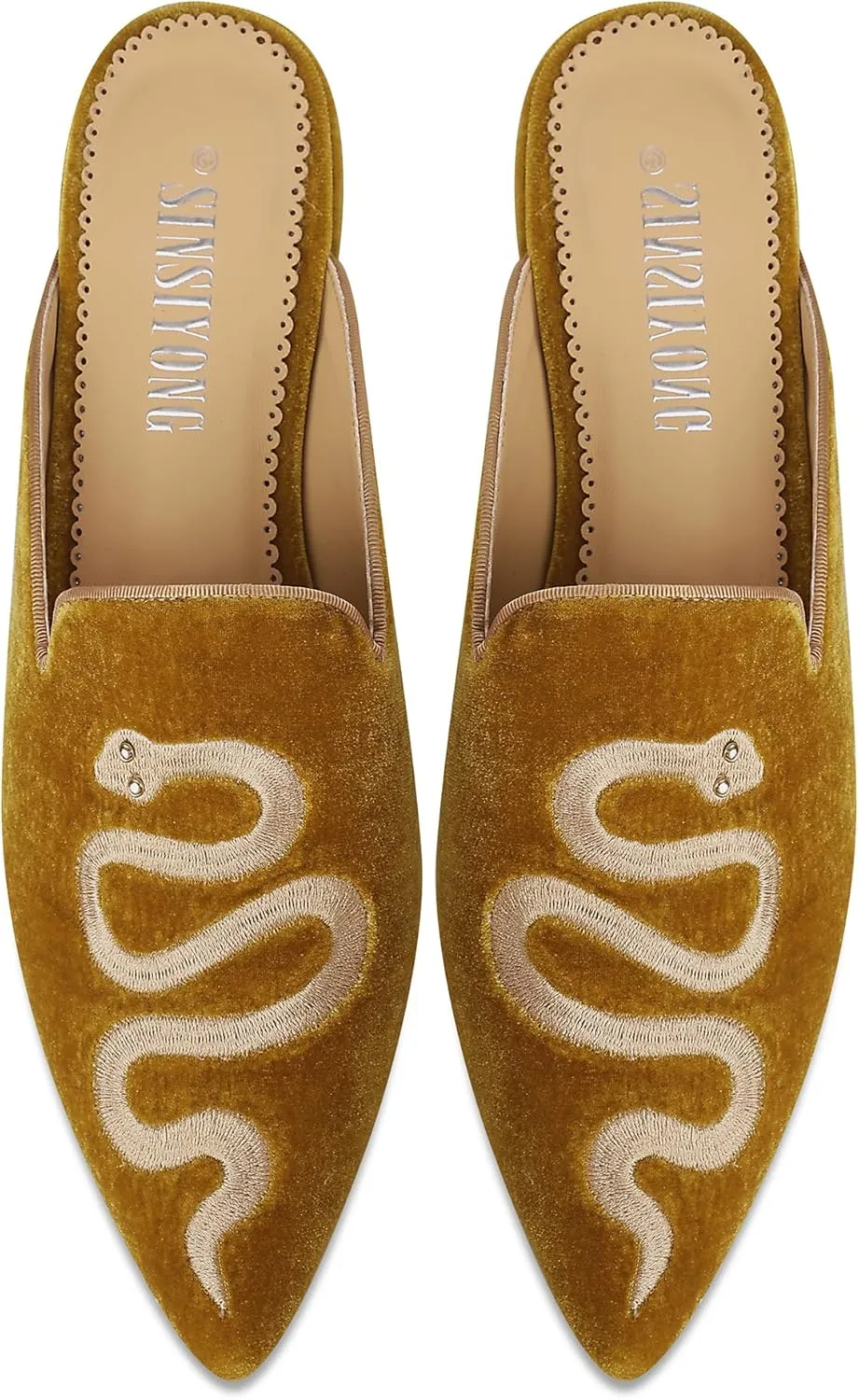 Embroidered Mules for Women Pointed Toe Backless Velvet Flats with Snake Pattern