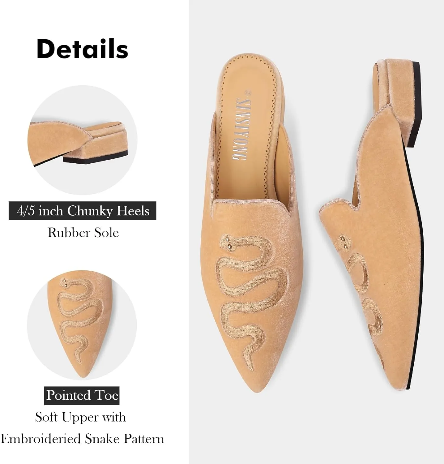 Embroidered Mules for Women Pointed Toe Backless Velvet Flats with Snake Pattern