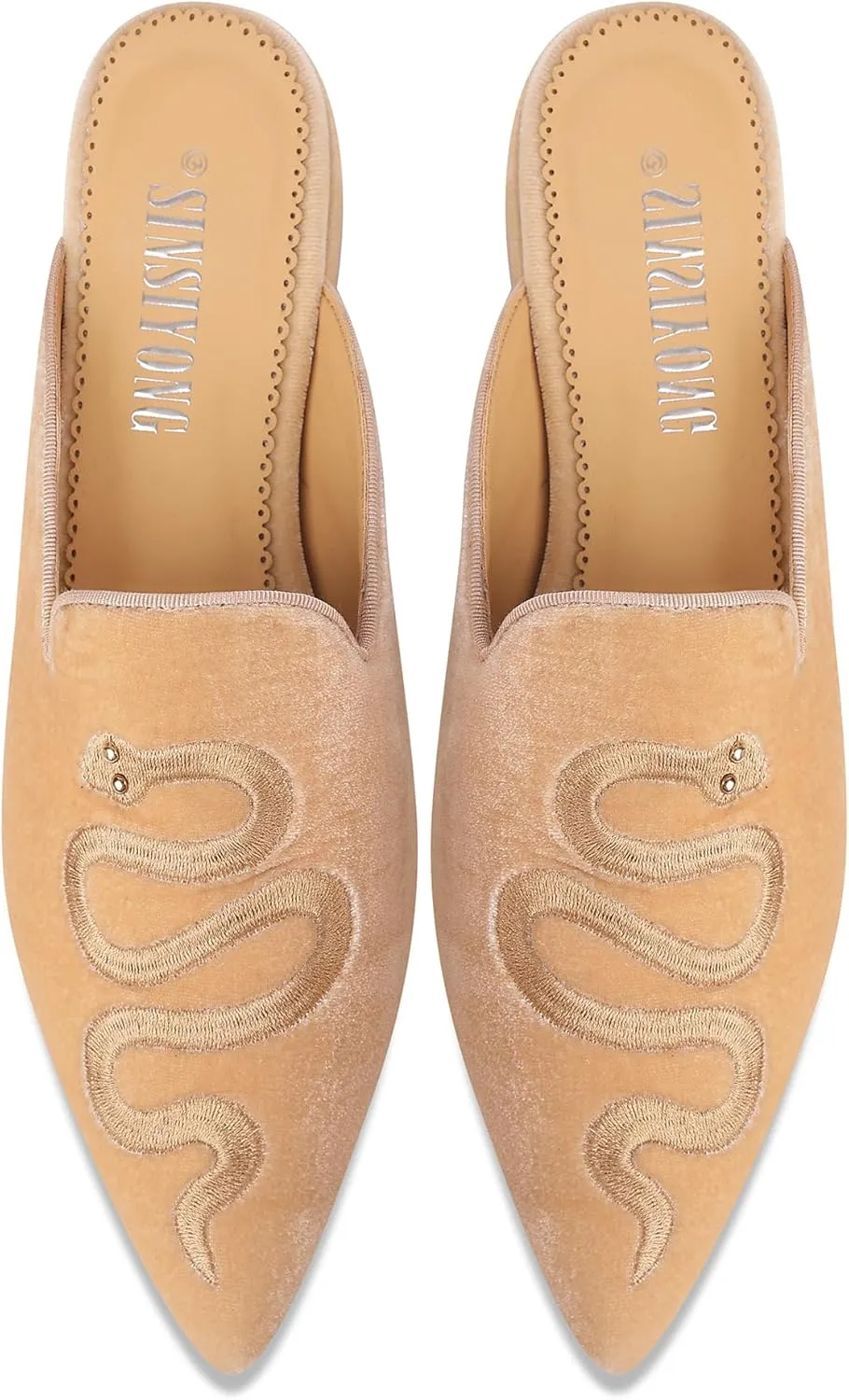 Embroidered Mules for Women Pointed Toe Backless Velvet Flats with Snake Pattern