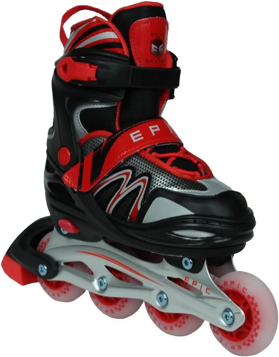 Epic Skates Drift Adjustable Inline Roller Skates W/LED Light Up Wheels, Black/Red, Youth 1-4