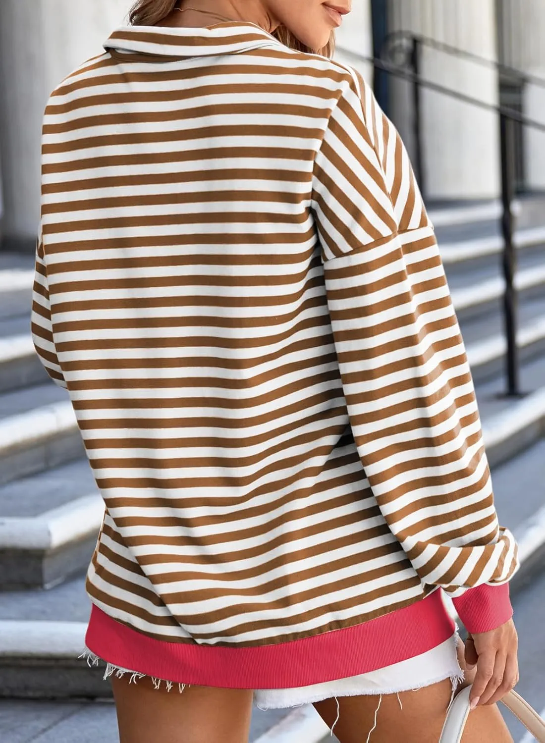 EVALESS Oversized Sweatshirt for Women 2024 Fall Outfits Fashion Long Sleeve Shirts Striped Quarter Zip Pullover Tops