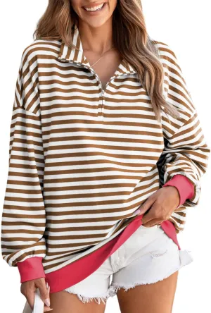 EVALESS Oversized Sweatshirt for Women 2024 Fall Outfits Fashion Long Sleeve Shirts Striped Quarter Zip Pullover Tops