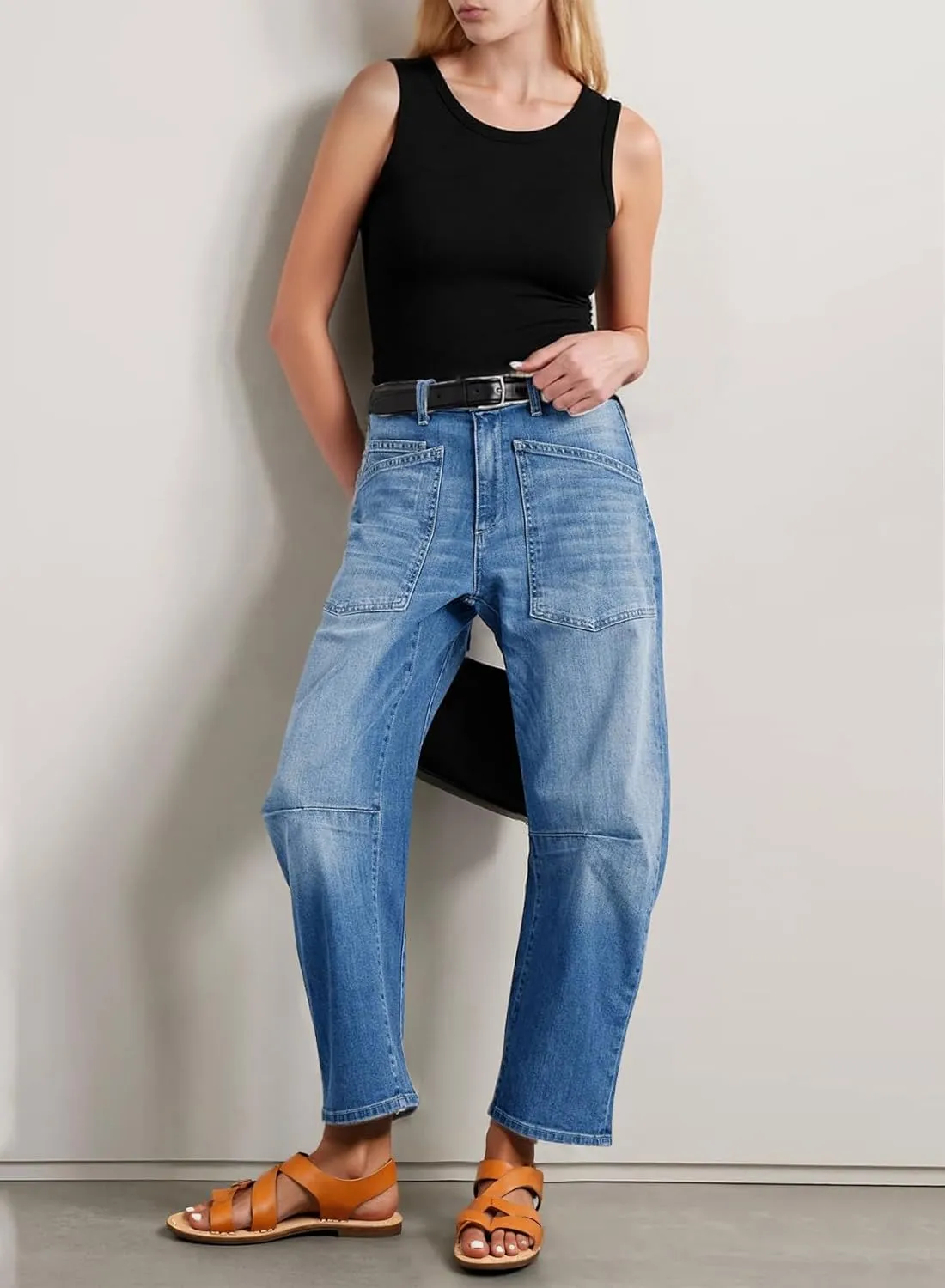EVALESS Womens Baggy Barrel Jeans High Waisted Wide Leg Boyfriend Denim Ankle Pants