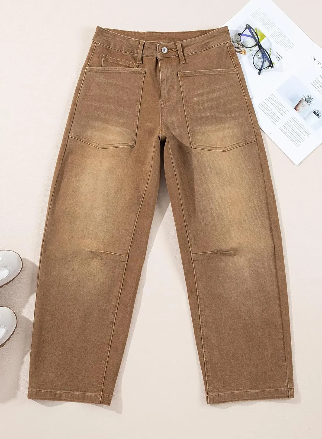 EVALESS Womens Baggy Barrel Jeans High Waisted Wide Leg Boyfriend Denim Ankle Pants
