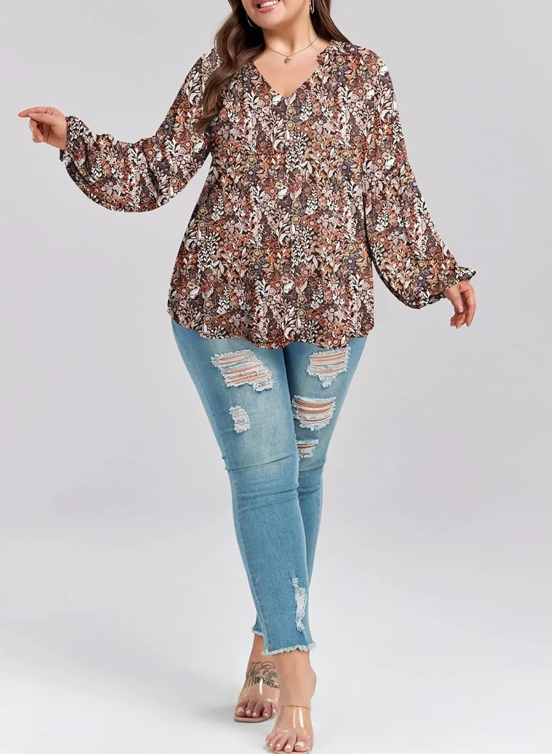 Eytino Women Plus Size Tops Summer V Neck Long Sleeve Button Down Pleated Business Work Blouse Shirts(1X-5X)