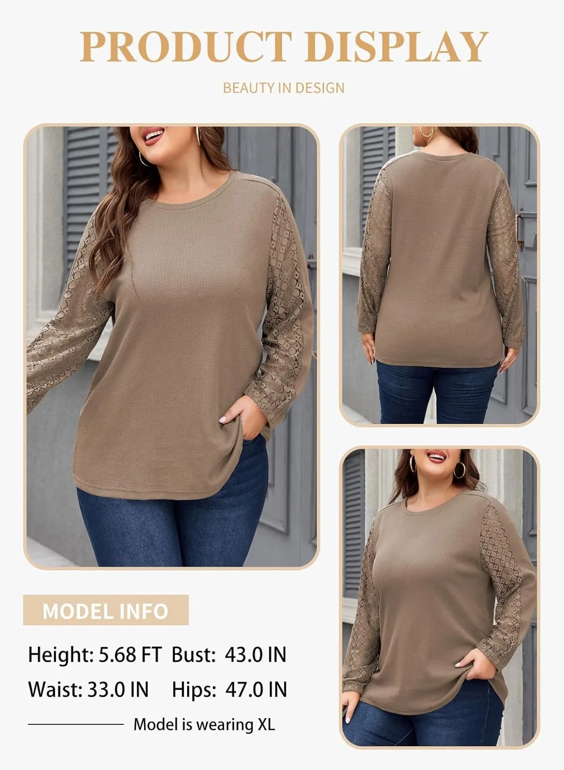 Eytino Womens Plus Size Tops Lace Long Sleeve Waffle T Shirts Casual Crewneck Tunic Tops(1X-5X)