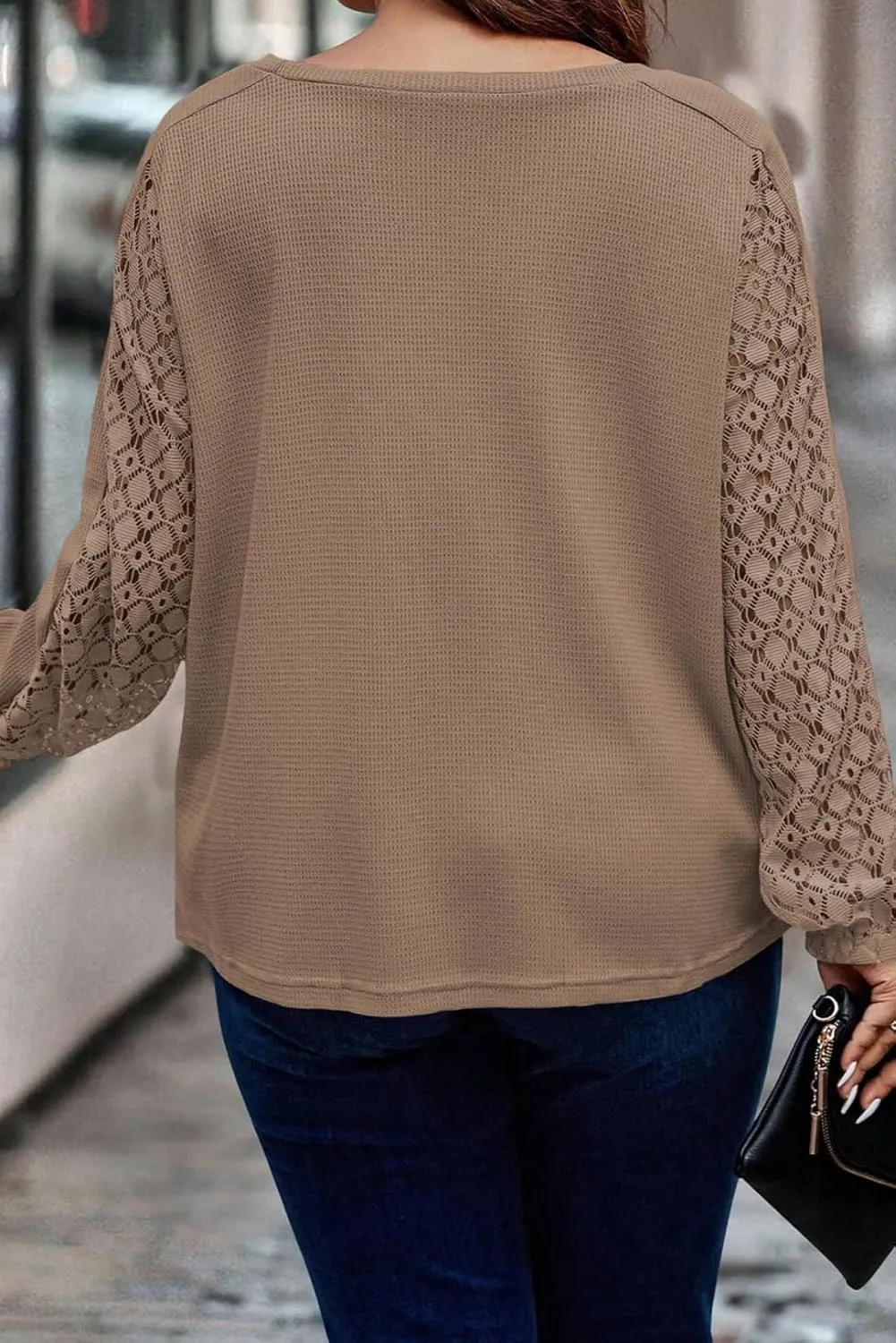 Eytino Womens Plus Size Tops Lace Long Sleeve Waffle T Shirts Casual Crewneck Tunic Tops(1X-5X)