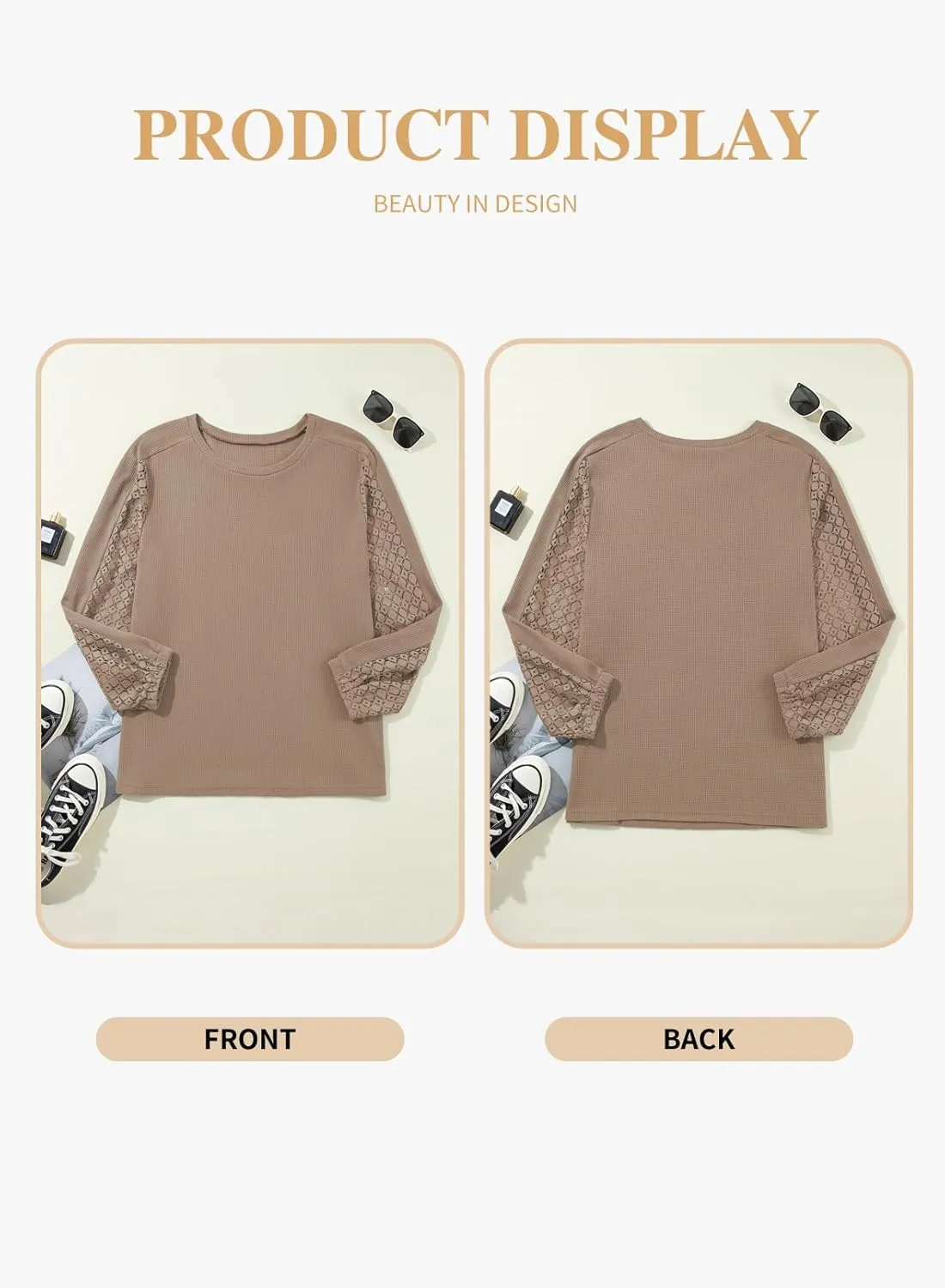 Eytino Womens Plus Size Tops Lace Long Sleeve Waffle T Shirts Casual Crewneck Tunic Tops(1X-5X)
