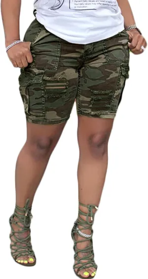Famnbro Women Camo Shorts Slim Fit Camouflage Cargo Shorts Casual Army Fatigue Shorts with Pockets