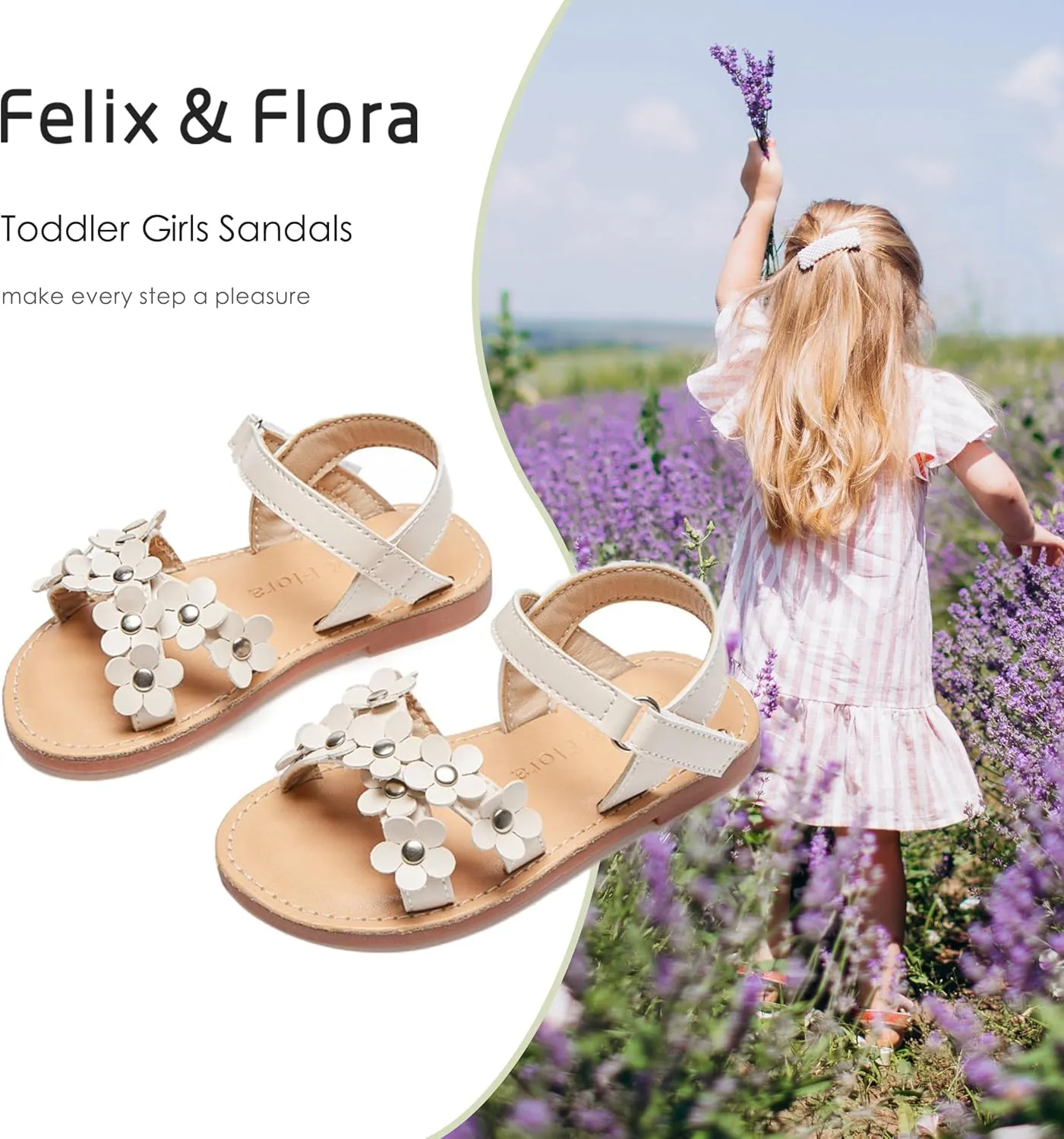 Felix & Flora Toddler Girl Sandals -Flower Girl Dress Shoes Open Toe Little Kid Summer Flats