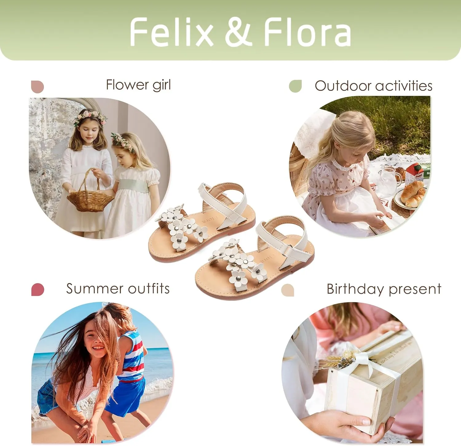 Felix & Flora Toddler Girl Sandals -Flower Girl Dress Shoes Open Toe Little Kid Summer Flats