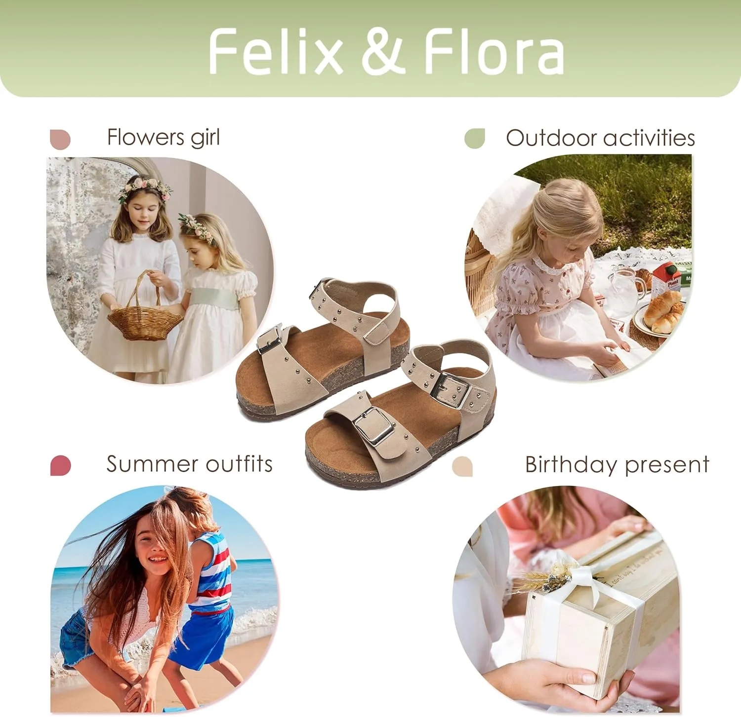 Felix & Flora Toddler Girls Sandals Flower Girl Cork Footbed Open Toe Comfort Princess Summer Flat Shoes