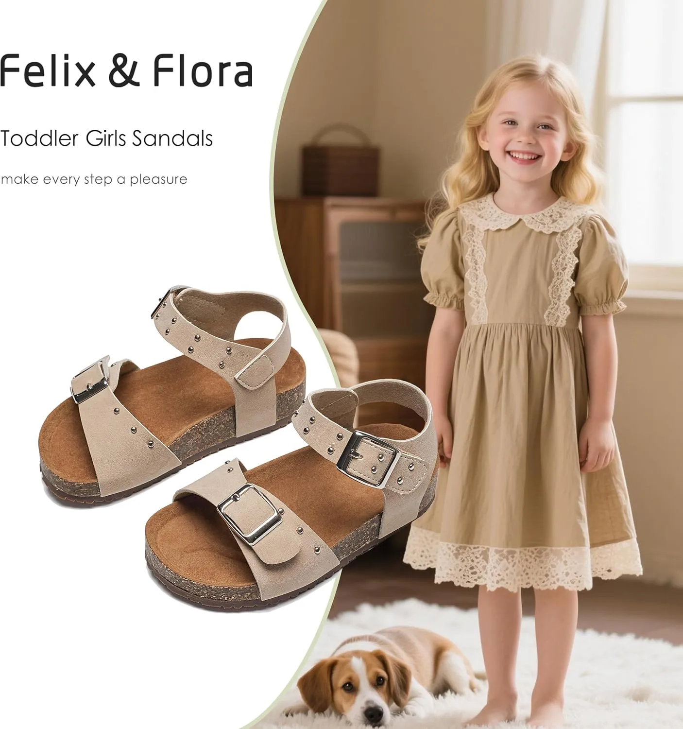Felix & Flora Toddler Girls Sandals Flower Girl Cork Footbed Open Toe Comfort Princess Summer Flat Shoes