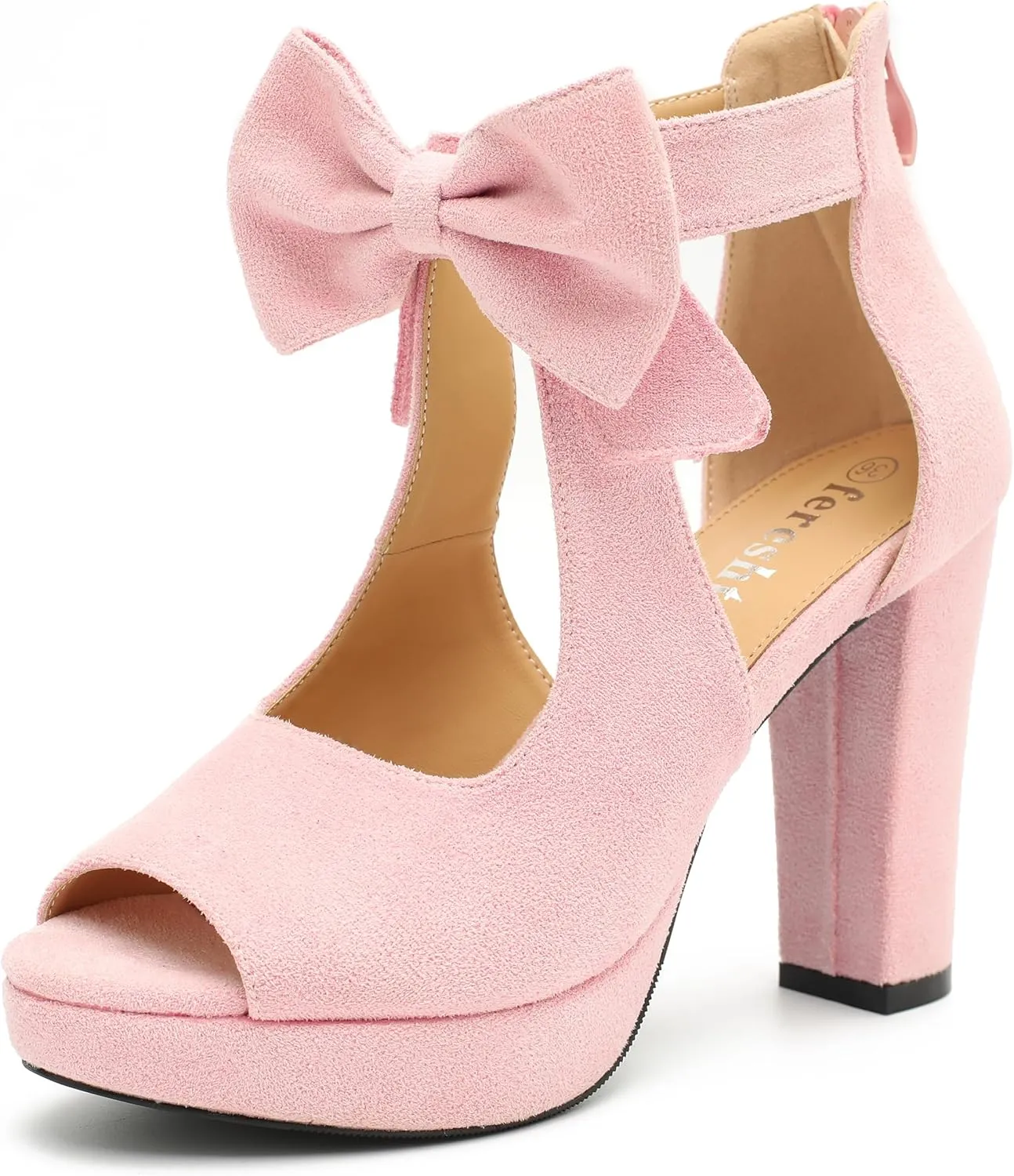 fereshte Women's Bow Chunky Heel Sandals Platform Peep Toe Ankle Strap Zip Dress Shoes