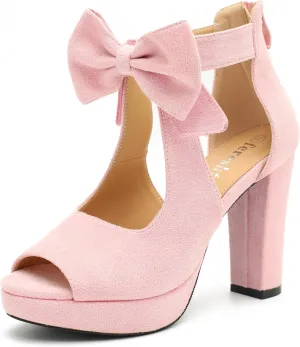 fereshte Women's Bow Chunky Heel Sandals Platform Peep Toe Ankle Strap Zip Dress Shoes