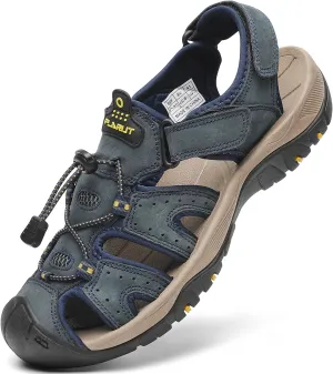 FLARUT Men's Sport Sandals Outdoor Hiking Sandals Closed Toe Leather Athletic Lightweight Trail Walking Casual Sandals Water Shoes