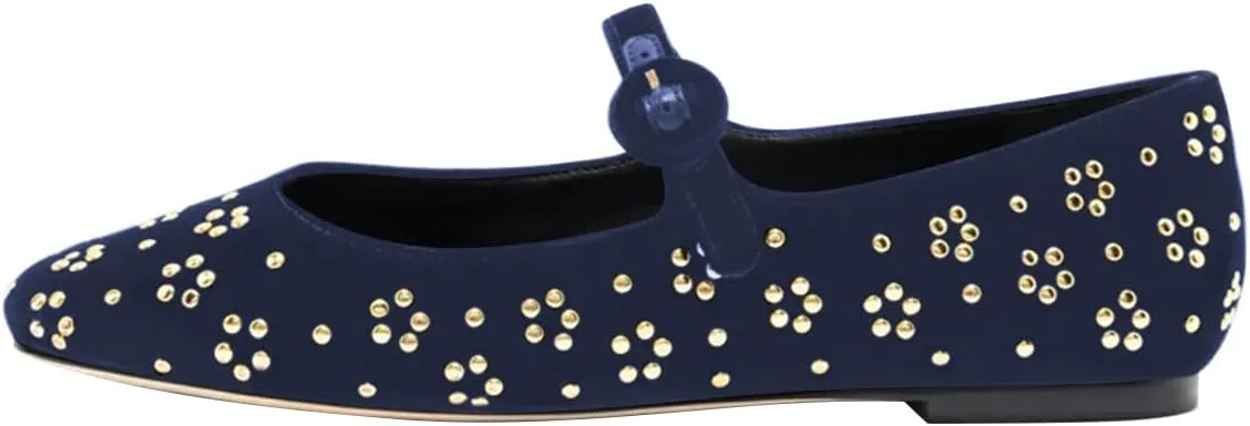 FSJ Women Adorable Floral Studded Ballet Flats Round Toe Mary Jane with Buckled Strap Comfortable Casual Ballerina Shoes Size 4-15 US