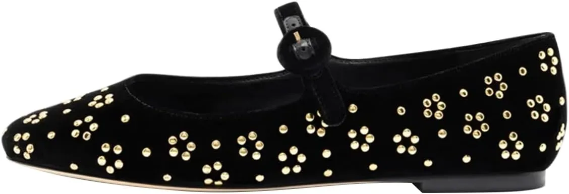 FSJ Women Adorable Floral Studded Ballet Flats Round Toe Mary Jane with Buckled Strap Comfortable Casual Ballerina Shoes Size 4-15 US