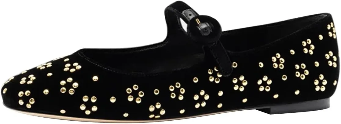 FSJ Women Adorable Floral Studded Ballet Flats Round Toe Mary Jane with Buckled Strap Comfortable Casual Ballerina Shoes Size 4-15 US