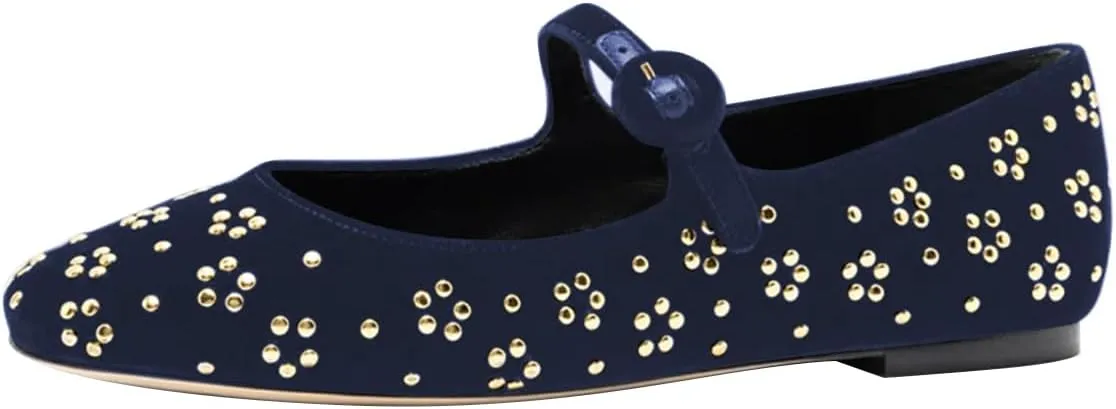 FSJ Women Adorable Floral Studded Ballet Flats Round Toe Mary Jane with Buckled Strap Comfortable Casual Ballerina Shoes Size 4-15 US