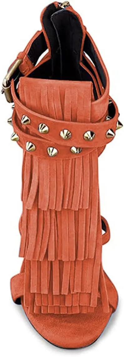 FSJ Women Tassels Gladiator Heeled Sandals Open Toe Stiletto High Heel Fringed Rivets Ankle Strap Back Zipper Shoes Size 4-15 US